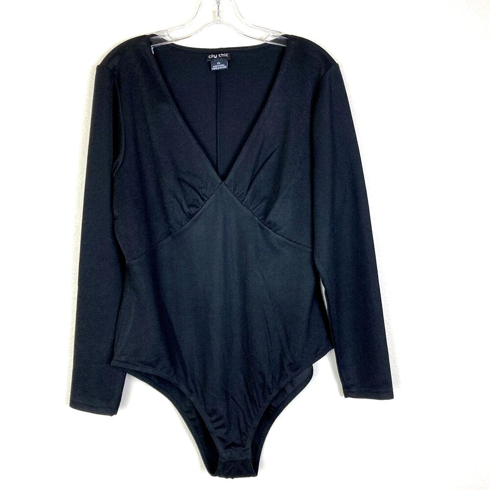 City Chic V-Neck Bodysuit Size XS 14 Black Stretch Long Sleeve
